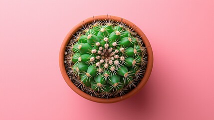 Top view of a cactus in terracotta pot on pink background
