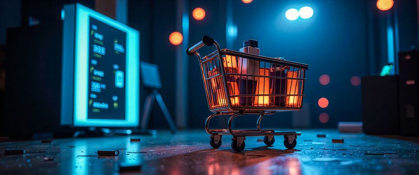 A shopping cart is filled with boxes and is sitting on a dark surface. The cart is empty and the boxes are piled on top of it