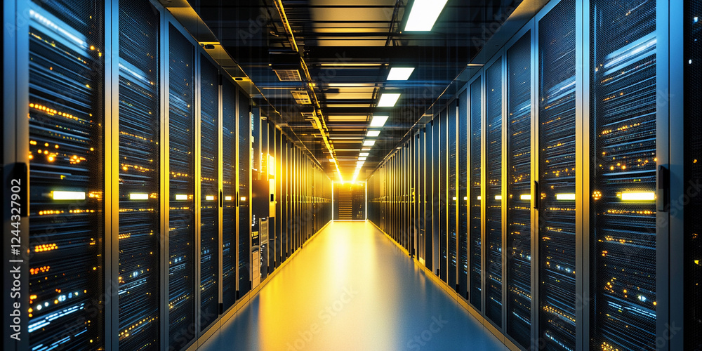 Poster Data center corridor with illuminated server racks