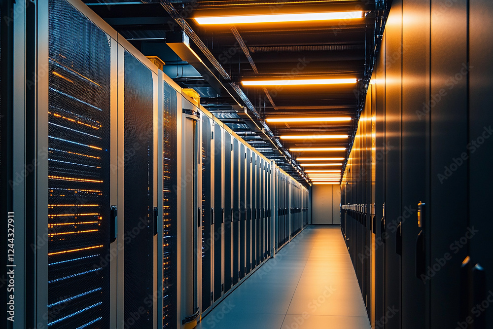 Poster Modern data center with illuminated server racks at night