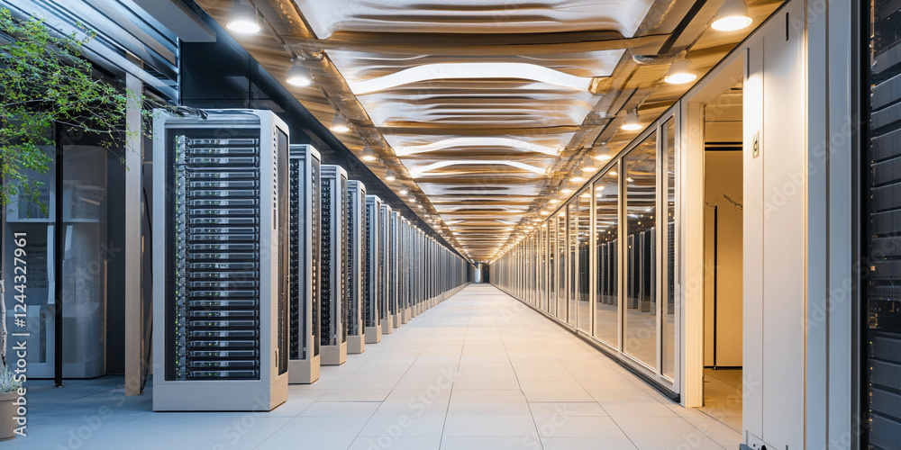 Poster data center corridor showcasing server racks and technology
