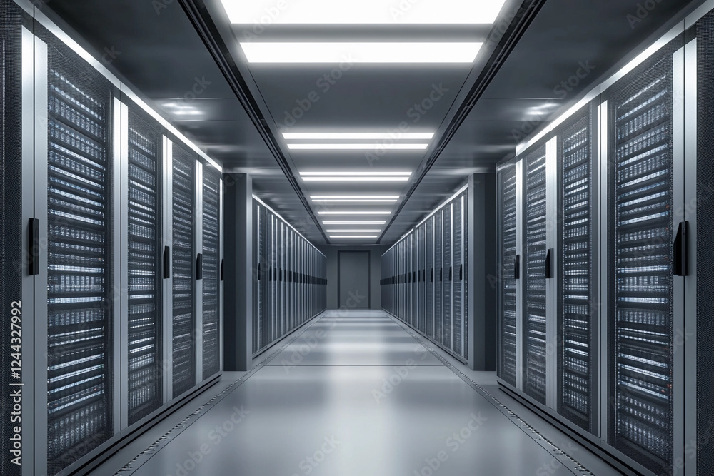 Poster rows of server racks in a modern data center facility