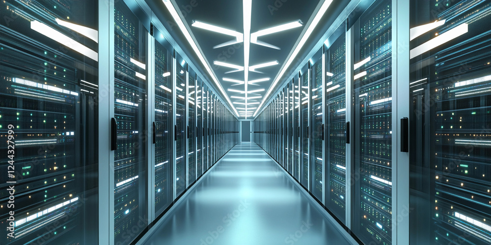 Poster modern data center corridor with advanced technology