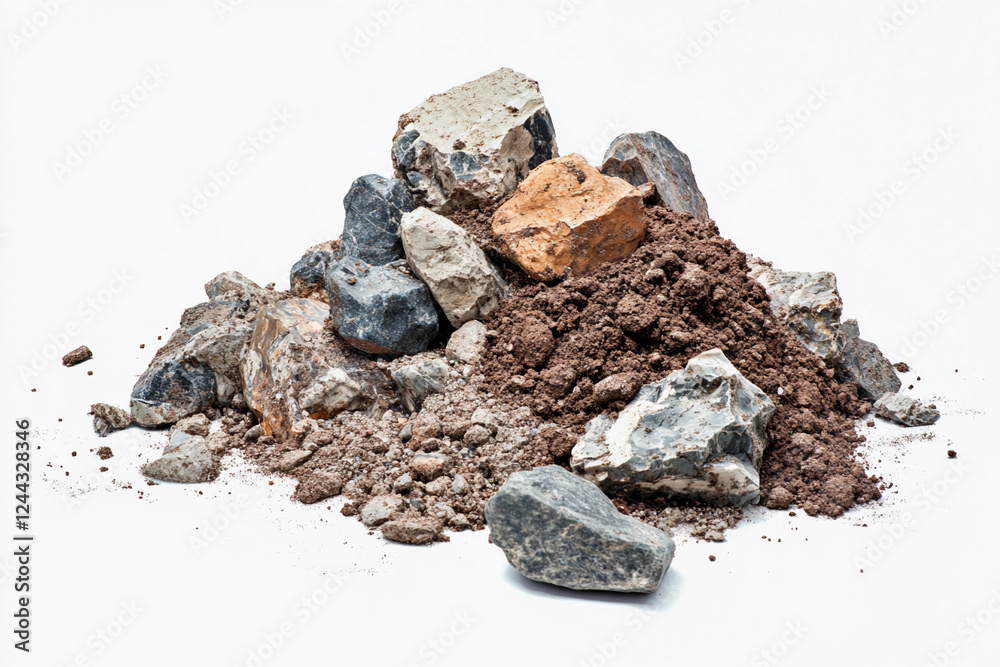 Poster Pile of various rocks and soil arranged on a white background