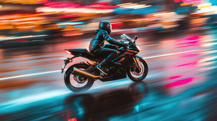 Motorcycle Rider Speeding Through a Rainy City Street, Water Spraying from the Tires and Neon Lights Creating a Blurred, Vibrant Background