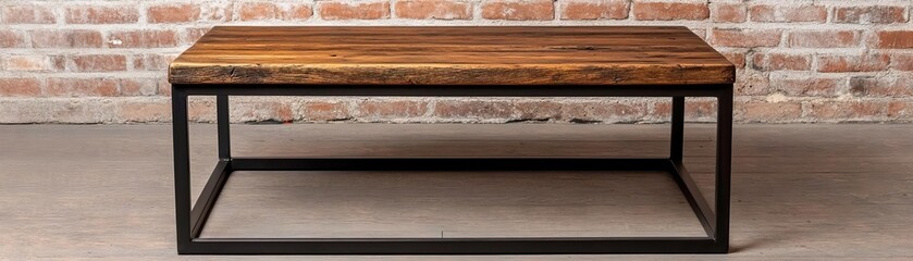 Industrial-style bistro coffee table, reclaimed wood top, iron frame, exposed brick background