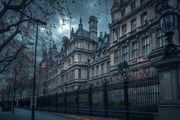 Obraz premium Moody twilight descends upon a grand, grey building.