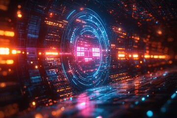Obraz premium Futuristic digital landscape with glowing circuits and vibrant colors.