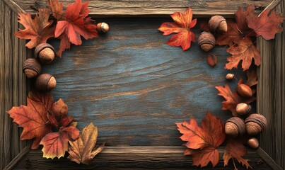 Fototapeta premium Collection of autumn leaves and acorns arranged around a rustic wooden frame, capturing the season's earthy tones