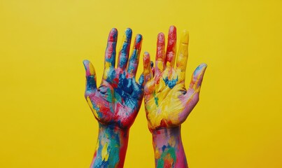 Colorful hands covered in vibrant paint raised in celebration, set against a bright yellow background, showcasing creativity and diversity.