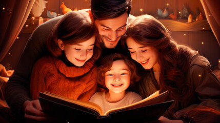 Family reading storybook together in warm glow image. Heartwarming storytelling, smiling faces photography scene. Bedtime story. Quality time bonding concept photorealistic photo