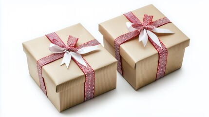 Obraz premium Elegant Gold Gift Boxes with Red and White Ribbons: Festive Presentation