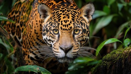 Fototapeta premium Intense Gaze of a Jaguar amidst Tropical Jungle Greenery, Wild and Focused in the Heart of South Americas Natural Beauty