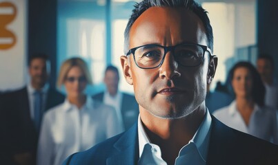 Confident male executive with team in background