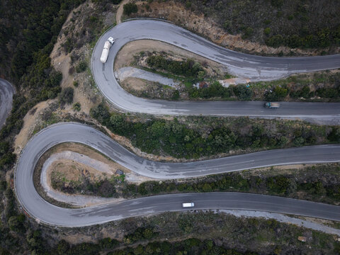 Aerial view of the winding mountain road between Sparta and Kalamata in the Peloponnese, Greece.