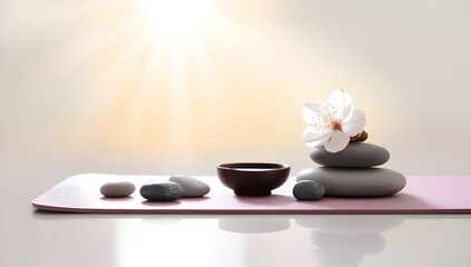 serene light background with yoga mat and cherry blossoms for promoting relaxation and inner peace