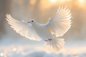 Fototapeta premium A graceful white dove in flight against a soft, glowing background.