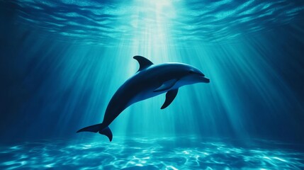 Graceful Dolphin Underwater Sunlight - A lone dolphin swims gracefully in a sunlit ocean, symbolizing freedom, peace, marine life, elegance, and aquatic beauty.