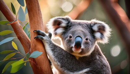 Naklejka premium Majestic Koala Lounging on Eucalyptus Branch amidst an Australian Rainforest Canopy, Showcasing the Beauty and Serenity of a Lush, Green Landscape
