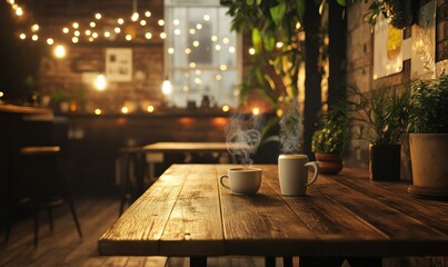 Cozy rustic cafe with wooden tables, steaming coffee cups, and glowing fairy lights, capturing an intimate and welcoming vibe