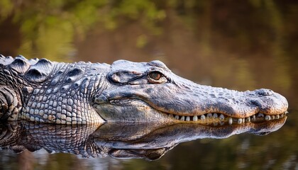 Obraz premium Majestic American Crocodile Strikingly Illuminated amidst the Swampy Wetlands of Abbeville, Louisiana, in a Captivating Sunset