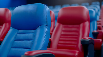 Obraz premium Empty cinema seats, red and blue, movie theater