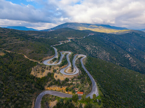 Aerial view of the winding mountain road between Sparta and Kalamata in the Peloponnese, Greece.