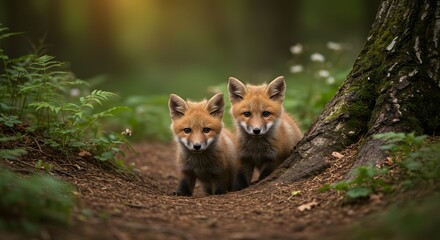 Naklejka premium Two curious red fox cubs exploring a serene forest floor with vibrant greenery and soft natural light in a tranquil wildlife photography style