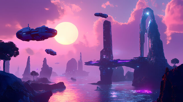 Futuristic cityscape with hovering vehicles and towering structures on an alien planet during twilight. Monumental Structures. Illustration