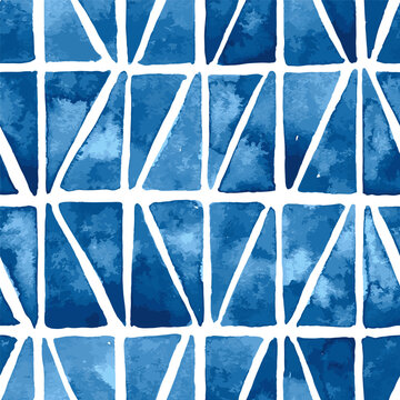 Hand painted blue triangles mosaic background. Seamless vector pattern
