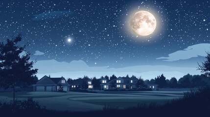 Fototapeta premium Serene Night Landscape with Moon and Starry Sky Over Houses