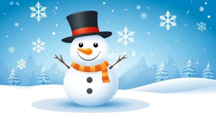 Fototapeta premium Happy Snowman Winter Wonderland - Cheerful snowman, winter landscape, holiday joy, snowy scene, festive spirit. Symbolizes winter, happiness, holidays, childhood, and fun.