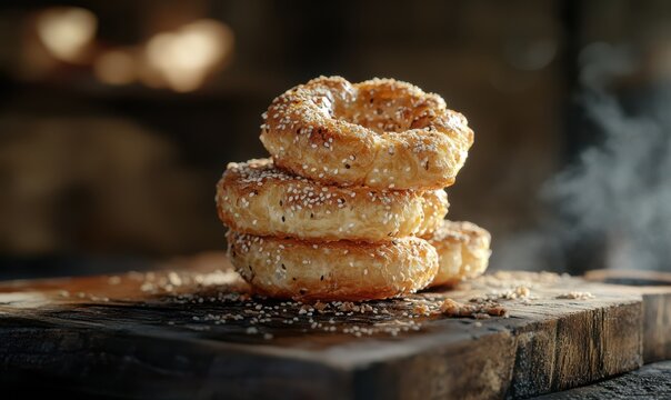 Crispy puff pastries with sesame seeds served on a wooden board, styled with warm natural tones for a rustic culinary vibe