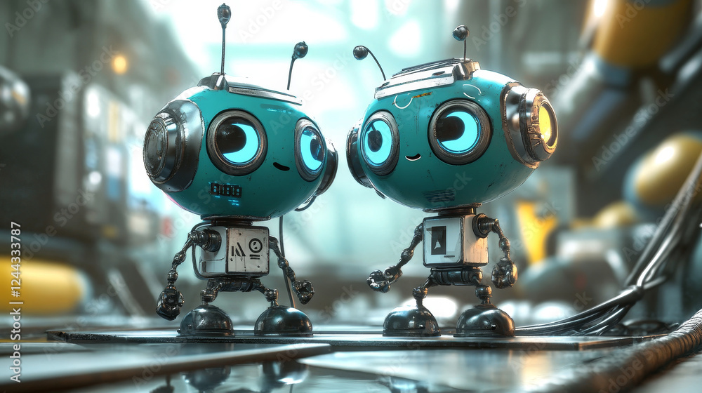 Poster robots cartoon characters and android bots, vector. future ai robot cyborg and droid machines, digit
