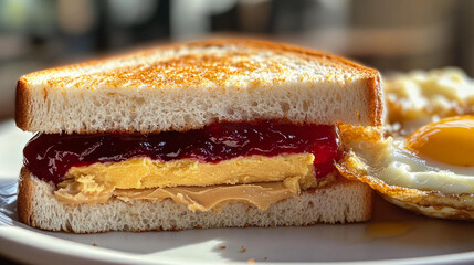 Crispy golden peanut butter and jelly sandwich cut in half, revealing a rich, creamy filling, presented on a rustic wooden surface
