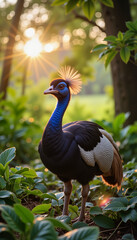 Obraz premium Cassowary standing in tropical forest at sunrise, exotic wildlife