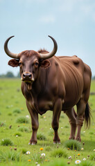 Majestic gaur standing in grassland under clear sky, nature beauty
