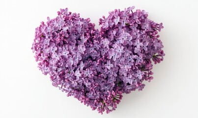 Delicate purple lilac flowers arranged into a perfect heart shape, set against a clean white background, creating a fresh and romantic composition