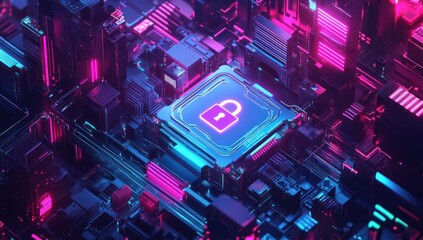 Fototapeta premium Cybersecurity: Digital Fortress, Neon Glow, Data Protection, Advanced Encryption, Secure Network, Protected System, Digital Security, Safeguard System, Technology Safeguard, Data Privacy