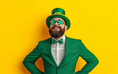 Cheerful man going to party on St Patrick's Day. Happy smiling joyful positive young guy wearing green suit, funny shamrock glasses and leprechaun top hat standing isolated on yellow color background 