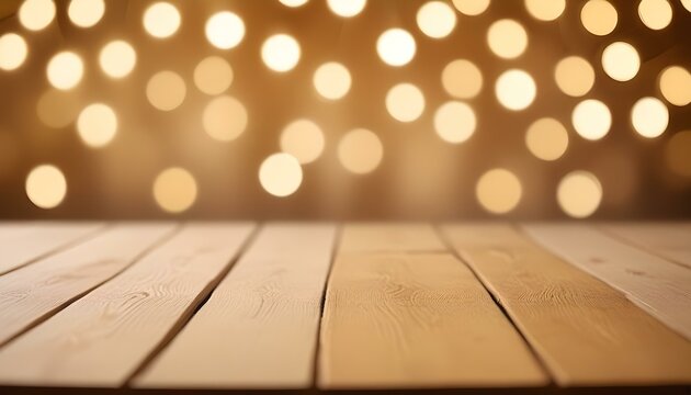 Una superficie de madera en primer plano con un fondo borroso con luces bokeh suaves y c&aacute;lidas en tonos dorados y crema