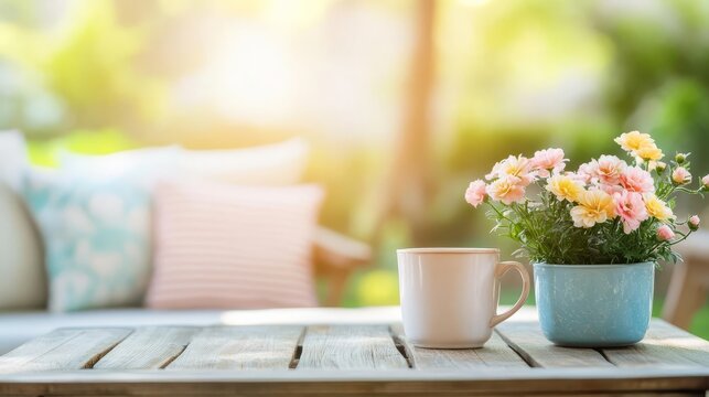 Outdoor garden cafe with rustic bistro coffee table, morning sunlight and flowers