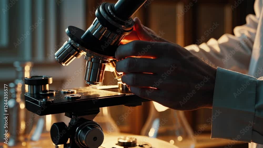 Poster scientist carefully adjusting microscope while conducting precise research in vintage laboratory, ca