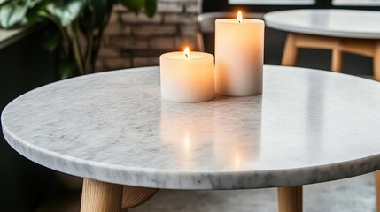 Fototapeta premium Oval marble bistro coffee table, candlelit evening cafe setting, warm and cozy ambiance