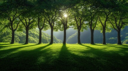 Obraz premium Sunlit Trees Casting Shadows on Lush Green Grass