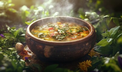 Detailed shot of a steaming bowl of soup surrounded by fresh herbs and spices, evoking comfort and warmth