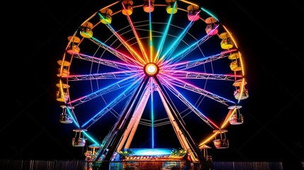 Vibrant Ferris Wheel Illuminated at Night with Colorful Lights