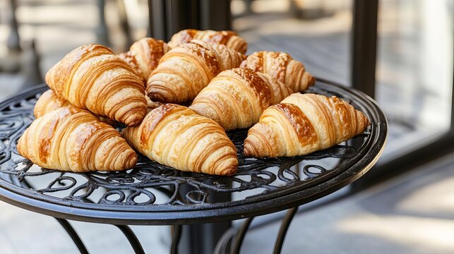 Parisian sidewalk cafe, iron bistro coffee table, fresh croissants, morning sunlight