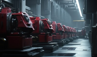 Dramatic industrial scene with rows of machinery under soft artificial lighting, emphasizing textures and the sense of scale
