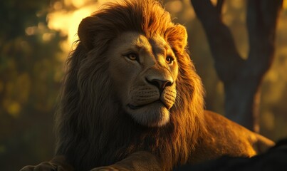 Dramatic lion portrait with its mane illuminated by soft sunlight, capturing the essence of strength and majesty